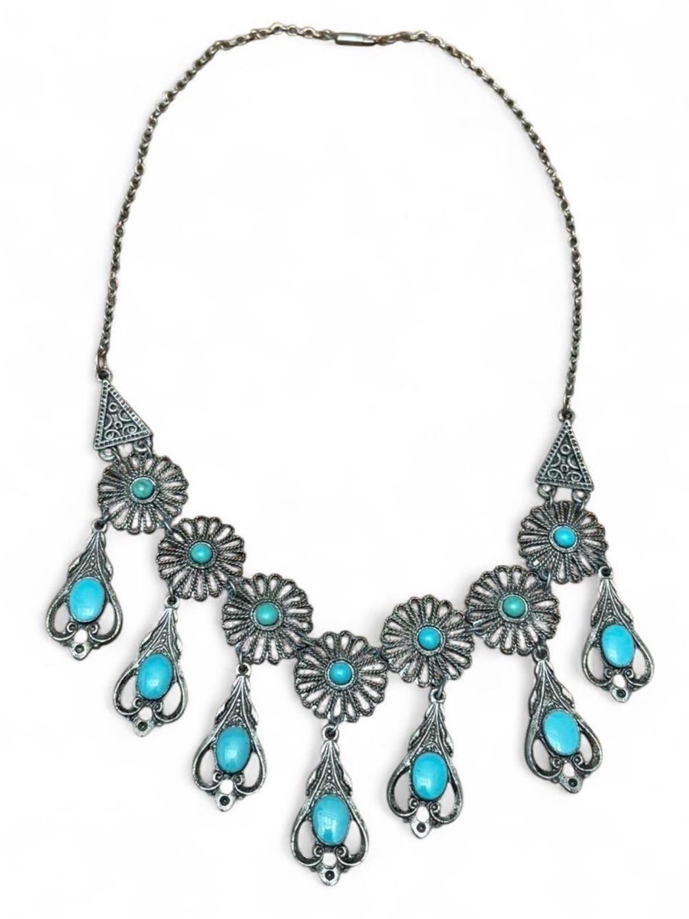 Turquoise Silver-Tone Bib-Style Statement Necklace